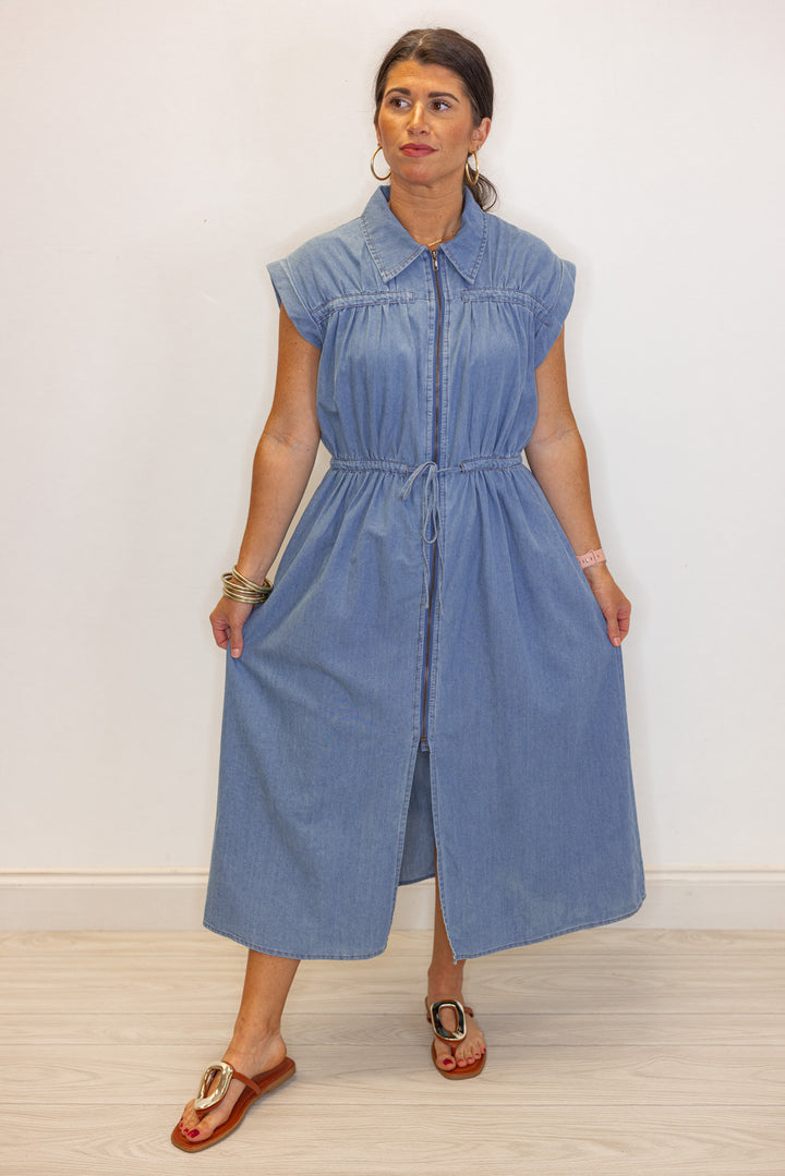 cargo denim collared midi dress