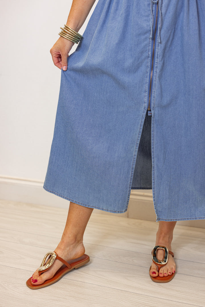 cargo denim collared midi dress