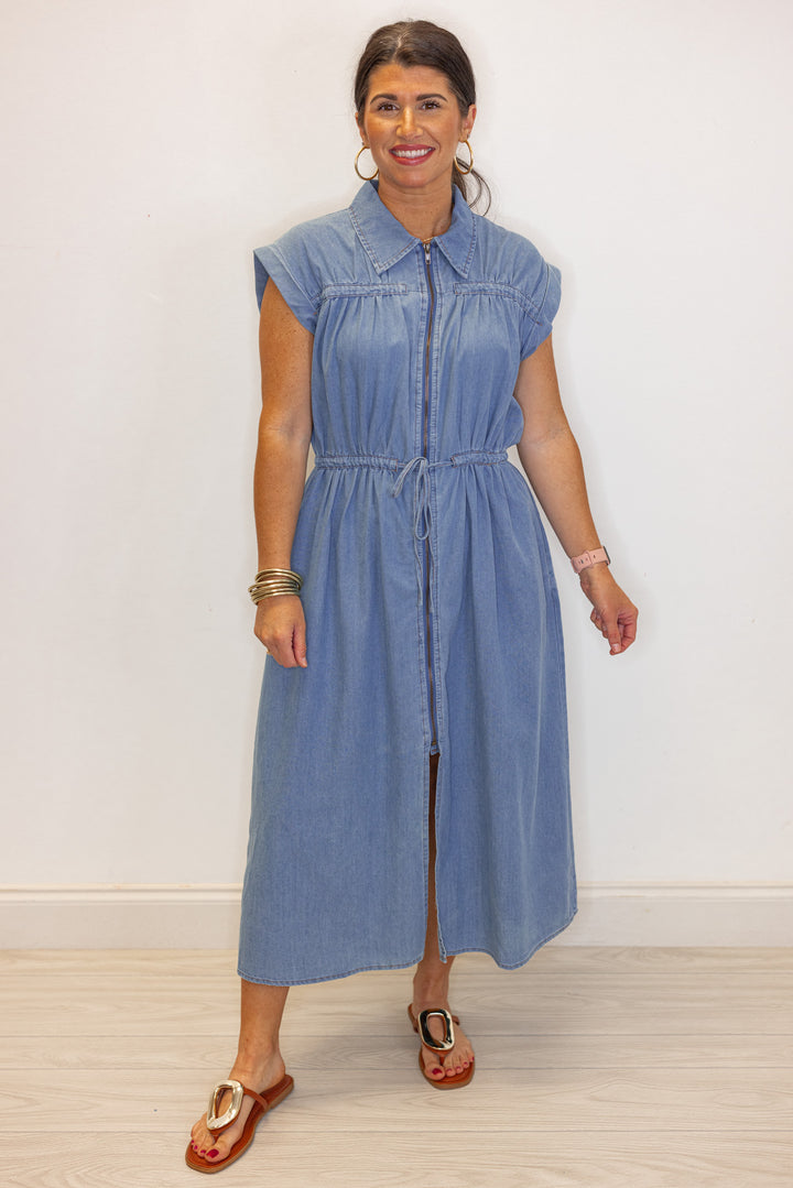 cargo denim collared midi dress