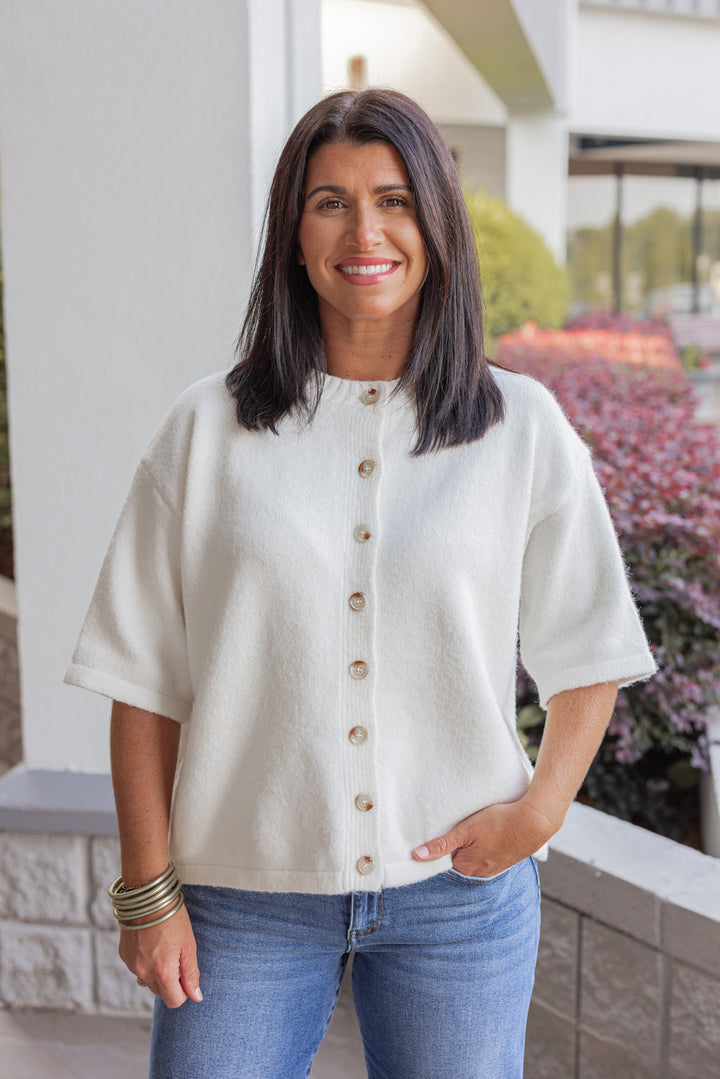 Women's off white brushed knit button front top by Wishlist 