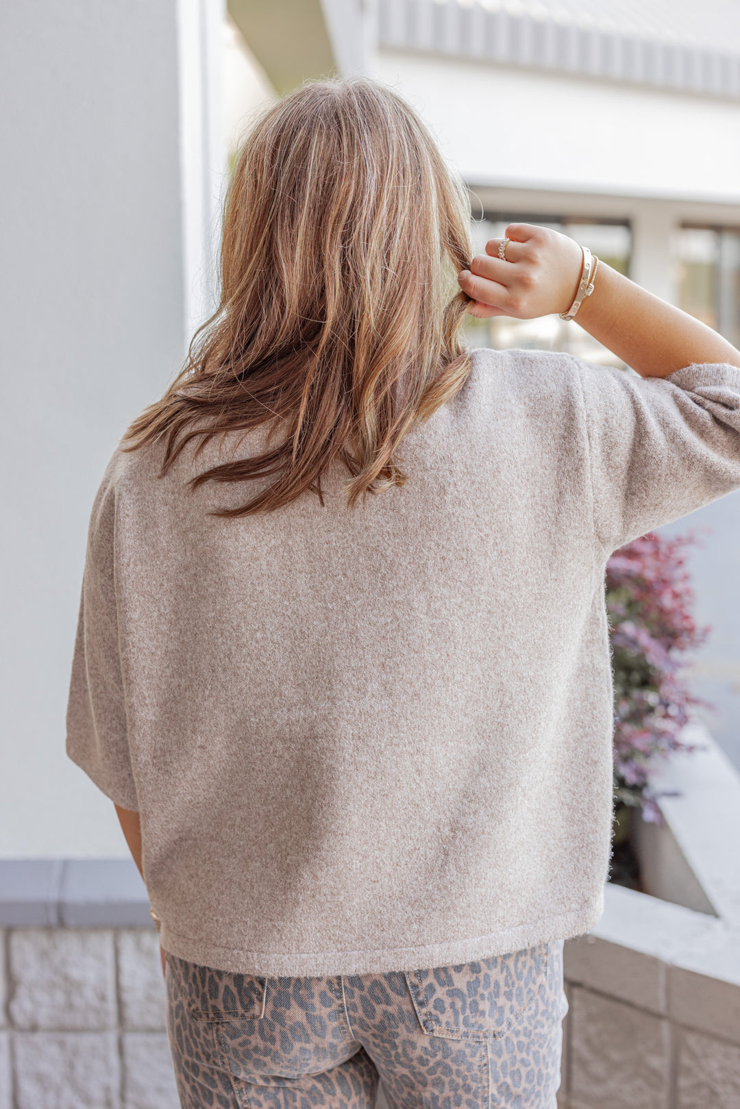 Women's mocha brown brushed knit button front top by Wishlist showing up close back view