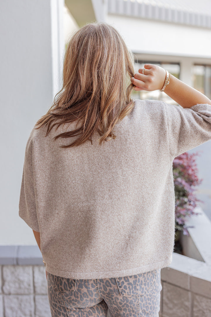 Women's mocha brown brushed knit button front top by Wishlist showing up close back view