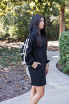 black sweatshirt dress with bow sleeves