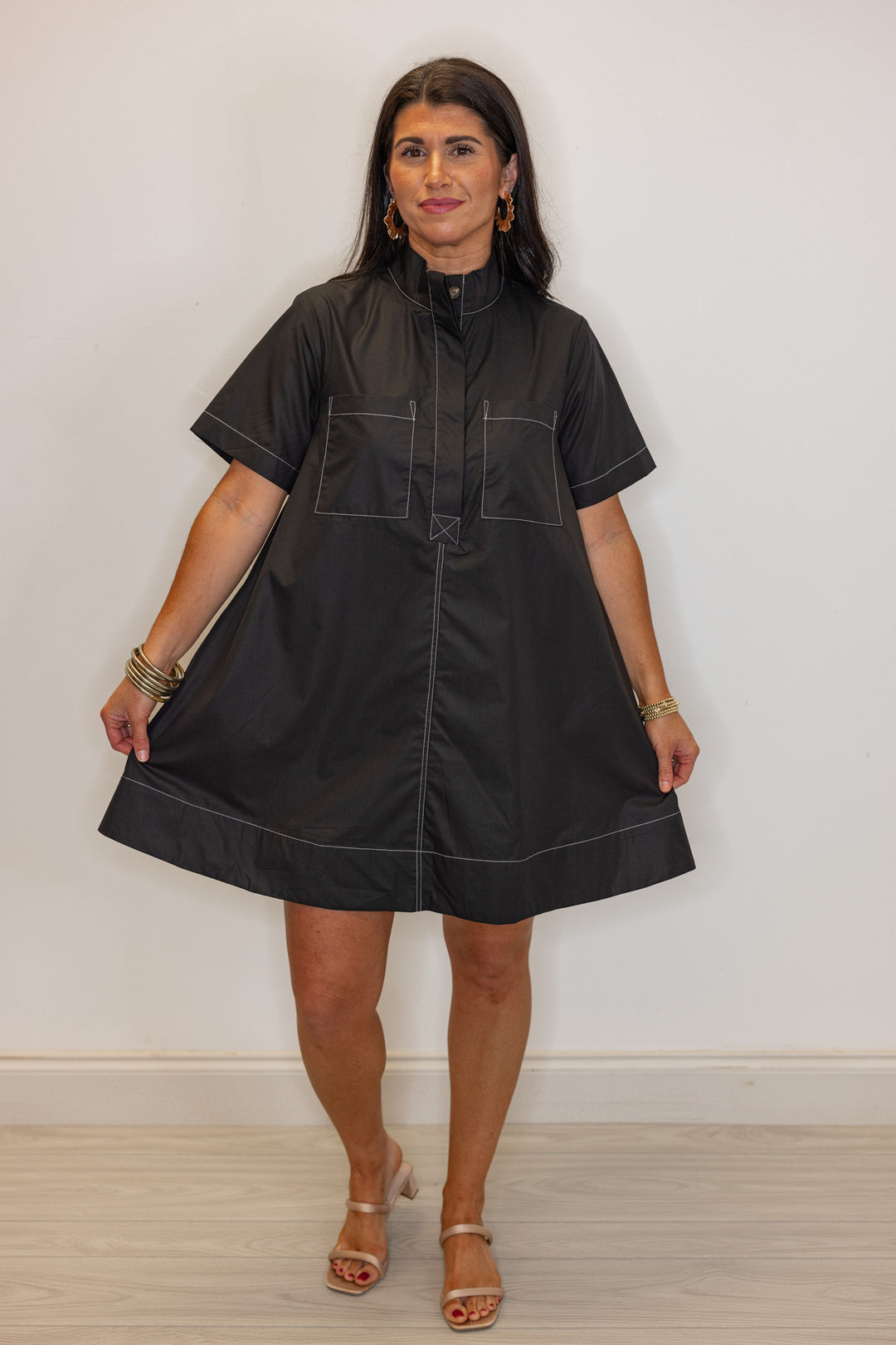 black white stitching casual swing dress