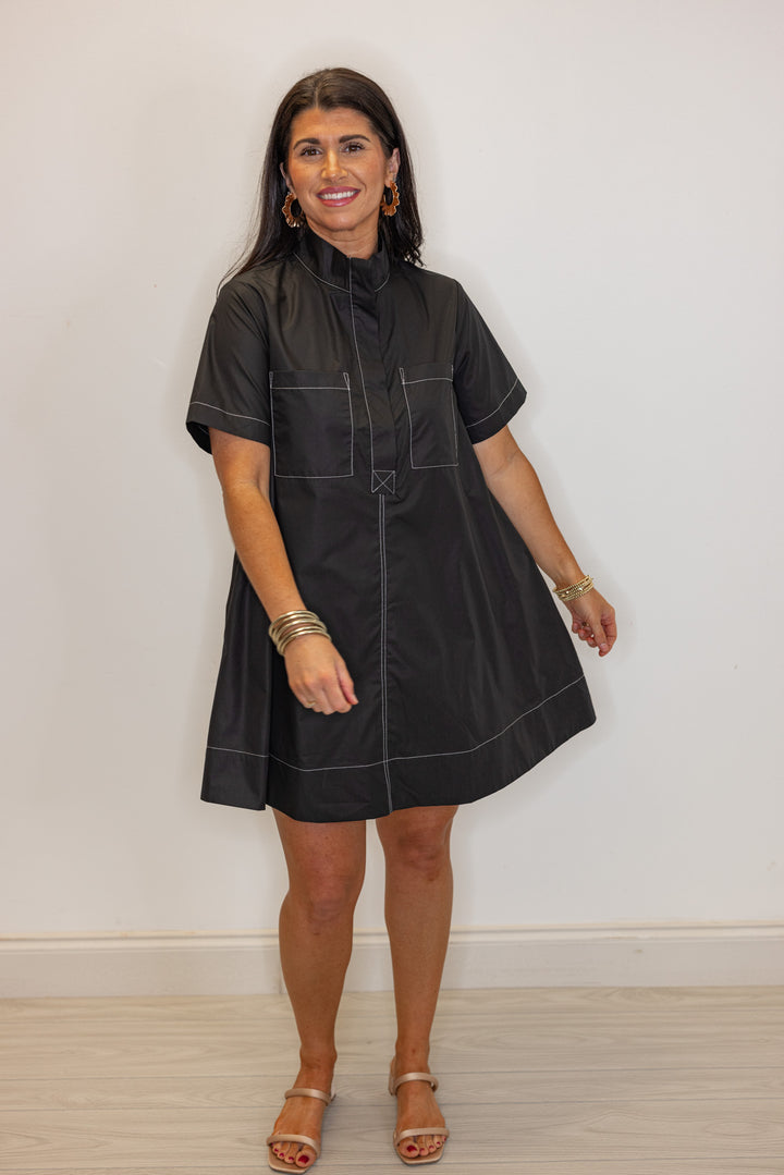 black white stitching casual swing dress