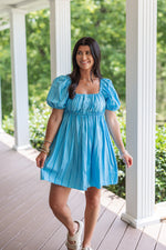 blue stripe babydoll mini dress