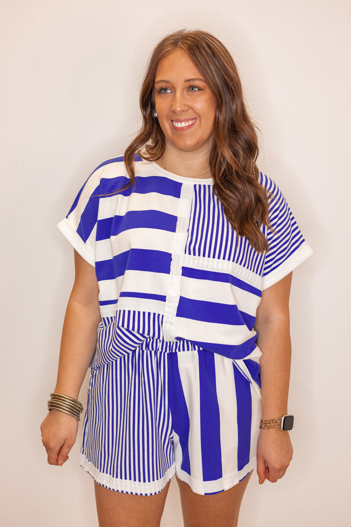 blue white striped elastic waist shorts