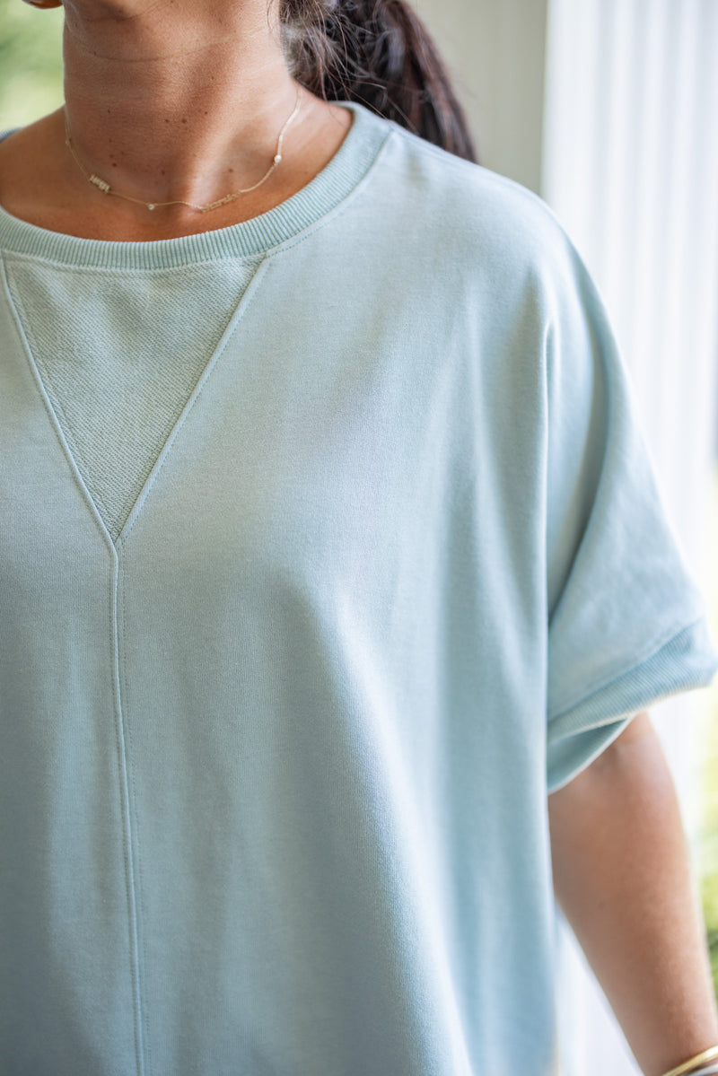 sky blue terry knit short sleeve pullover top