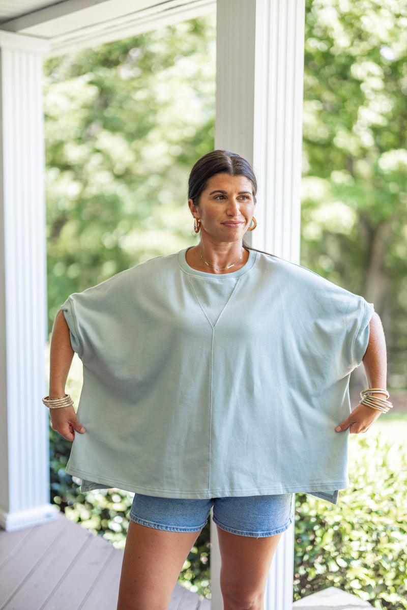 sky blue terry knit short sleeve pullover top