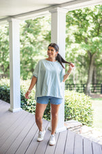 sky blue terry knit short sleeve pullover top