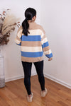 blue tan stripe quarter zip knit top