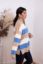 blue tan stripe quarter zip knit top