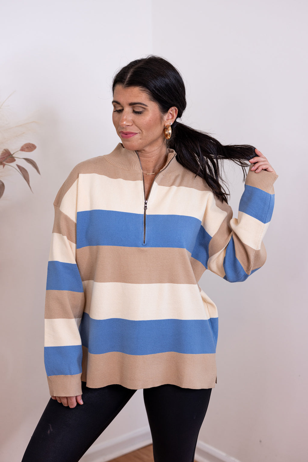 blue tan stripe quarter zip knit top