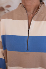 blue tan stripe quarter zip knit top