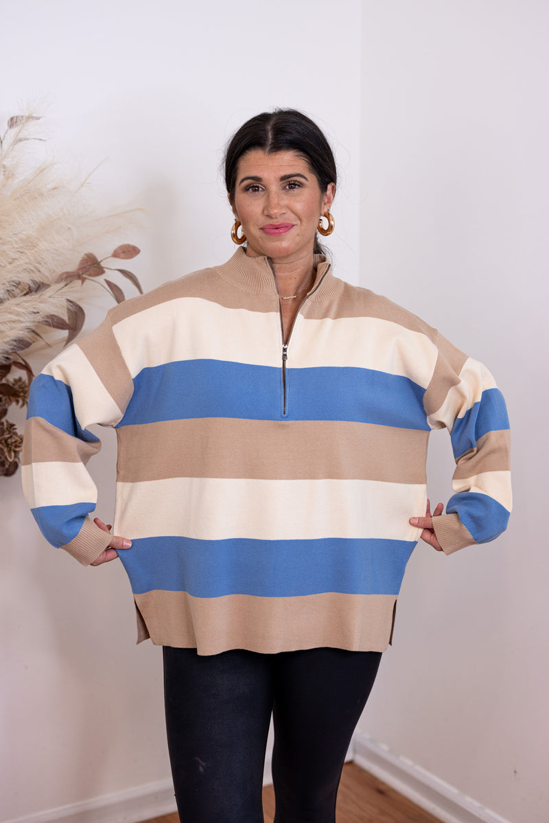 blue tan stripe quarter zip knit top