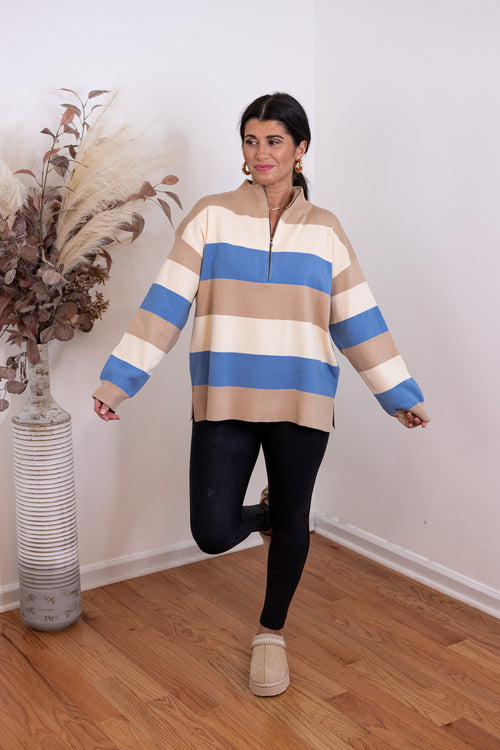 blue tan stripe quarter zip knit top