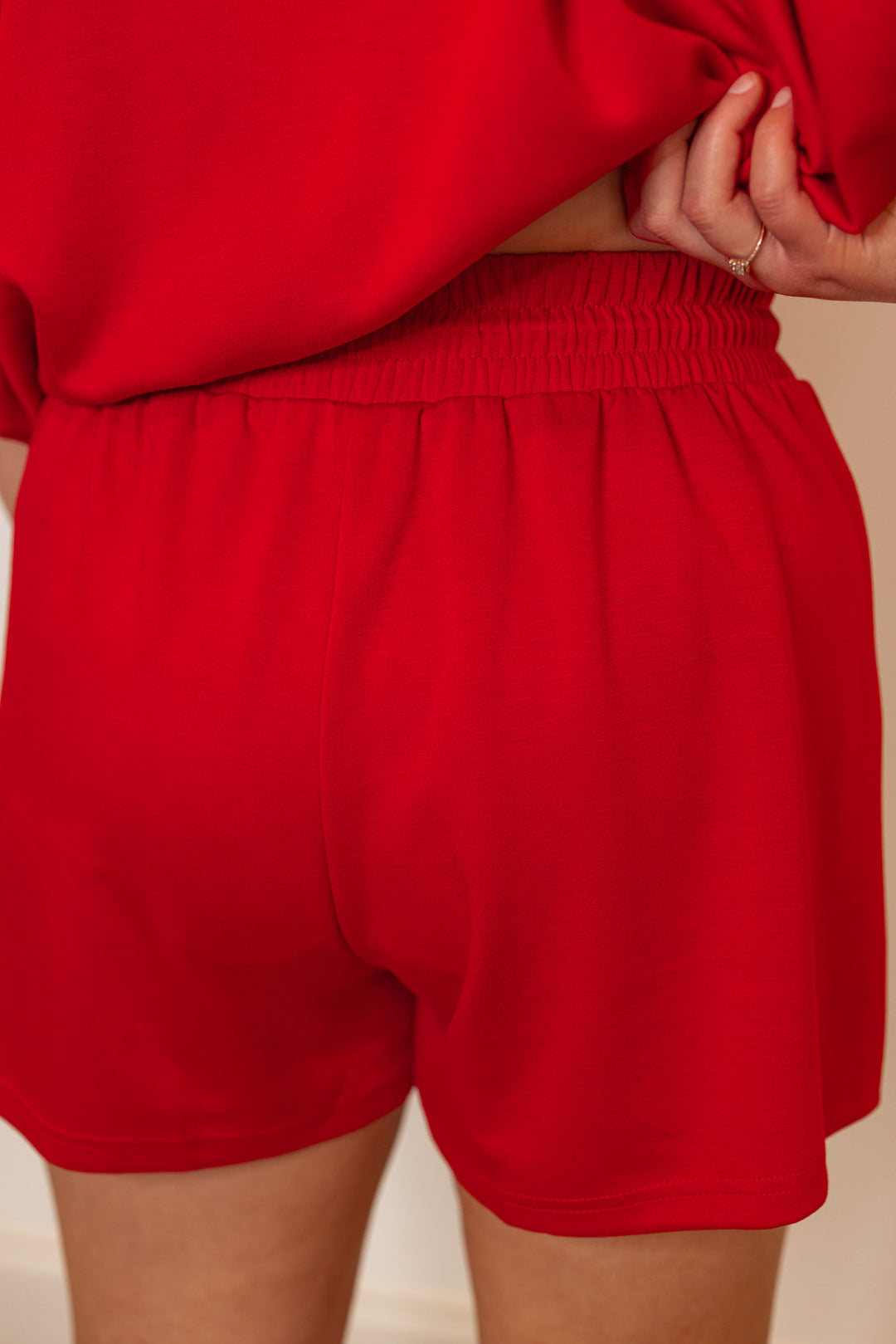 red scuba knit stretch waist lounge shorts