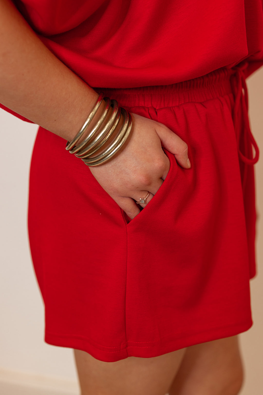 red scuba knit stretch waist lounge shorts