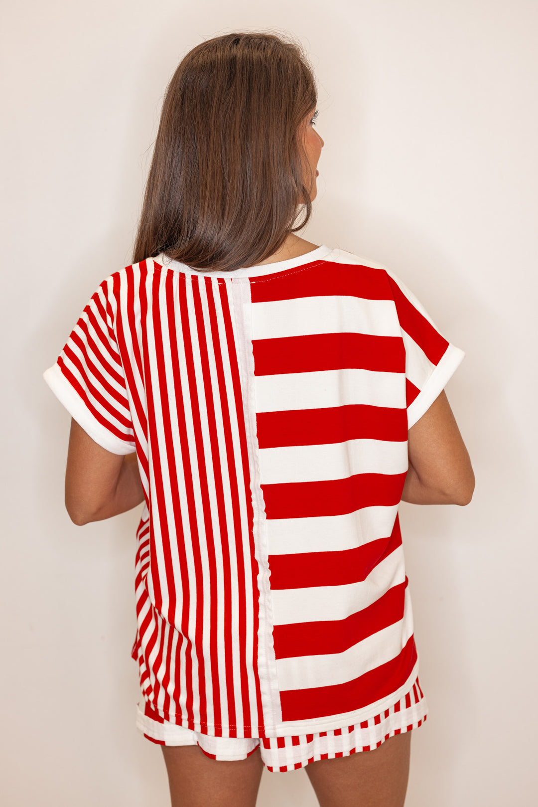 casual red white color block stripe tee shirt