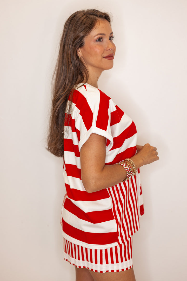 casual red white color block stripe tee shirt