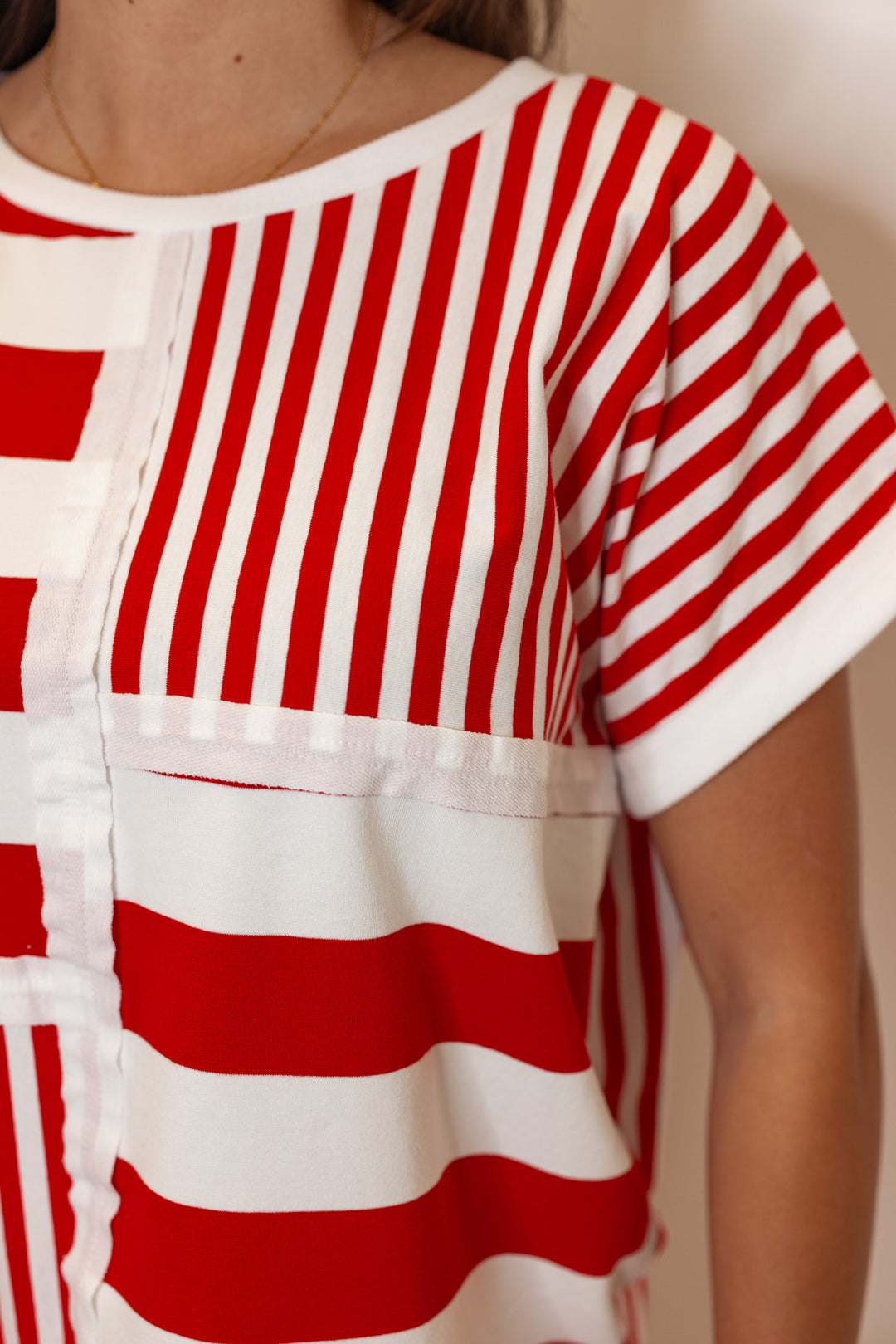 casual red white color block stripe tee shirt