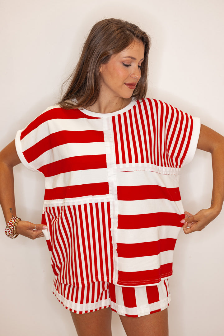 casual red white color block stripe tee shirt