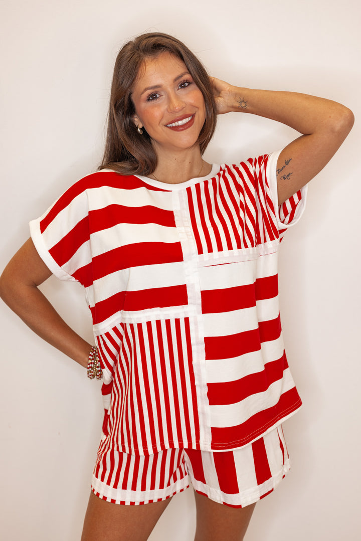 casual red white color block stripe tee shirt