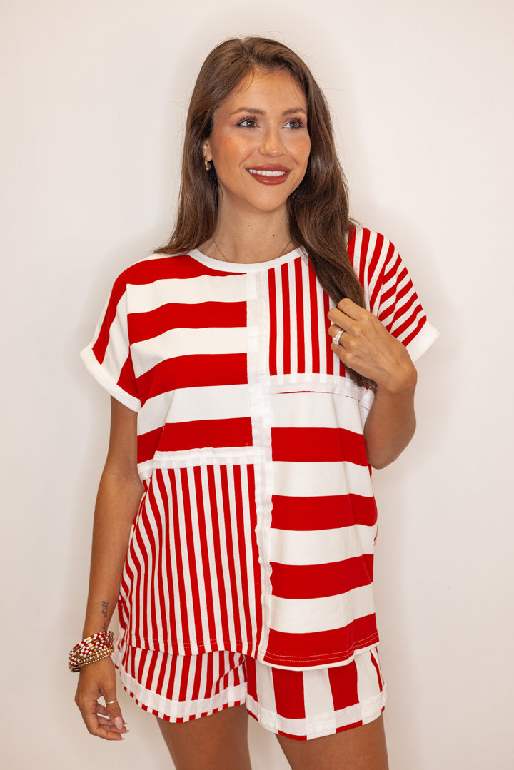 casual red white color block stripe tee shirt