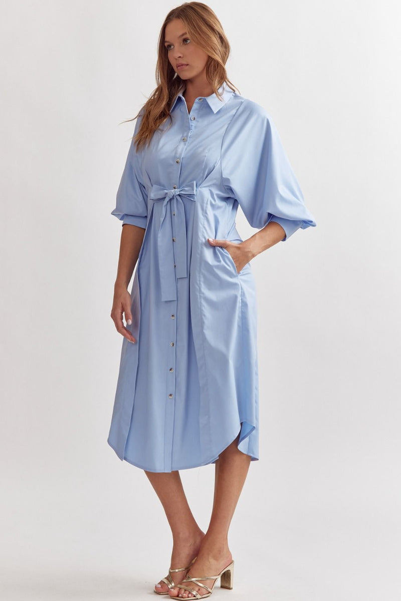 Entro Chambray blue button down midi dress with tie at waist