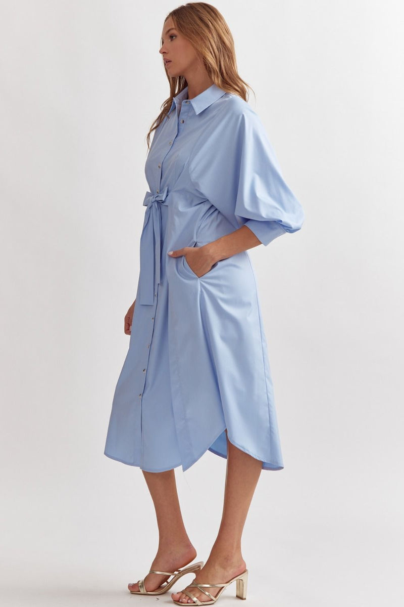 Entro Chambray blue button down midi dress with tie at waist