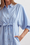 Entro Chambray blue button down midi dress with tie at waist