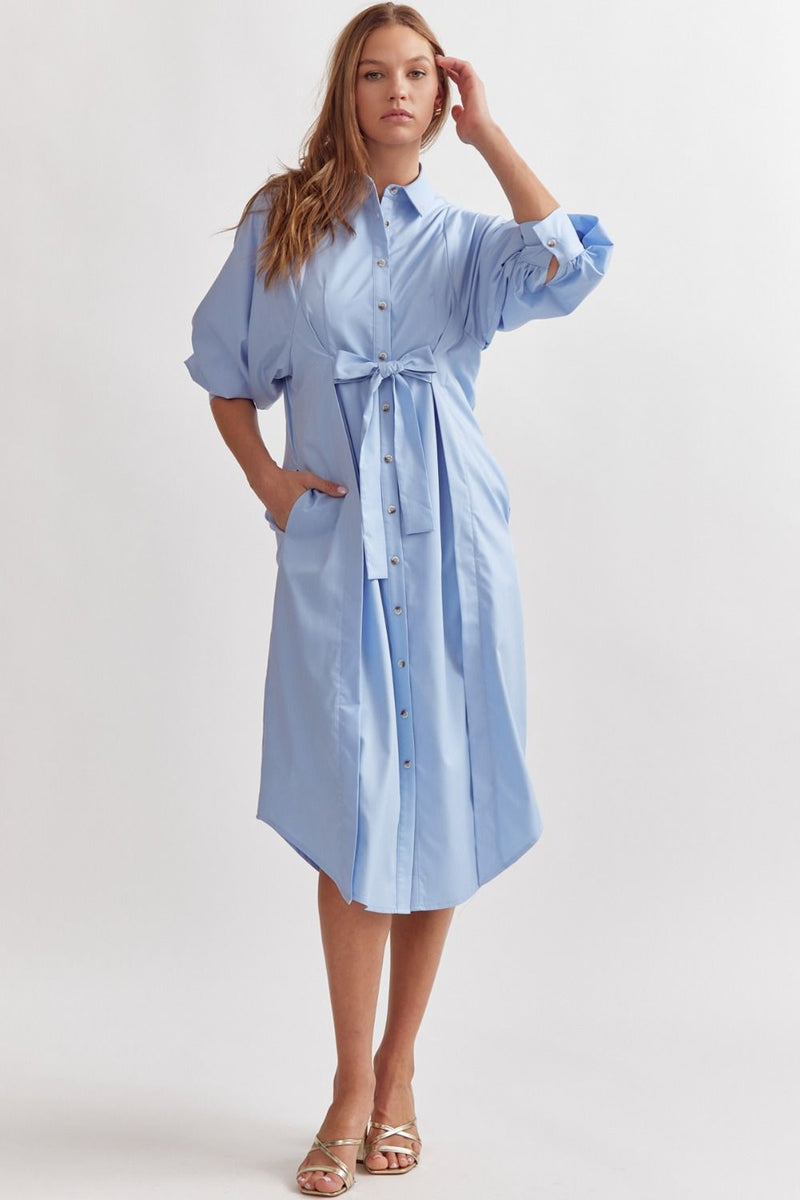 Entro Chambray blue button down midi dress with tie at waist