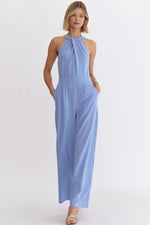 Entro Sleeveless halter wide leg jumpsuit in chambray blue 