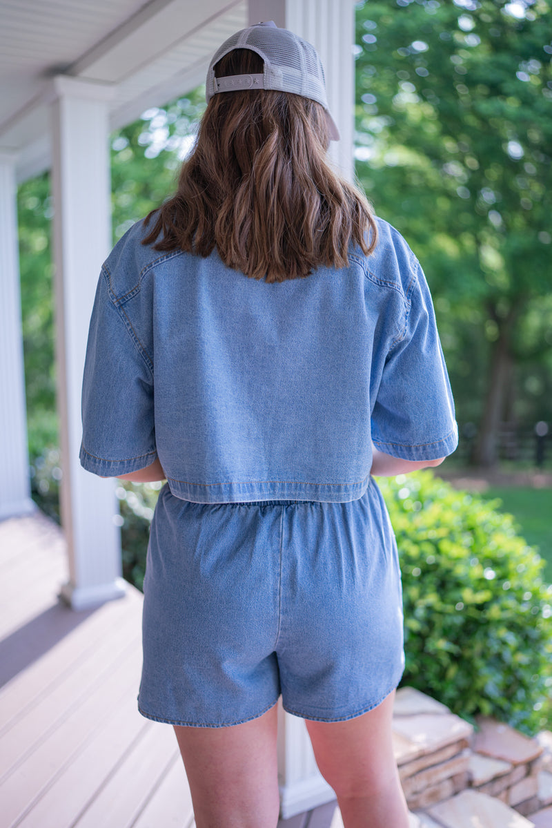 chambray denim elastic waist shorts set