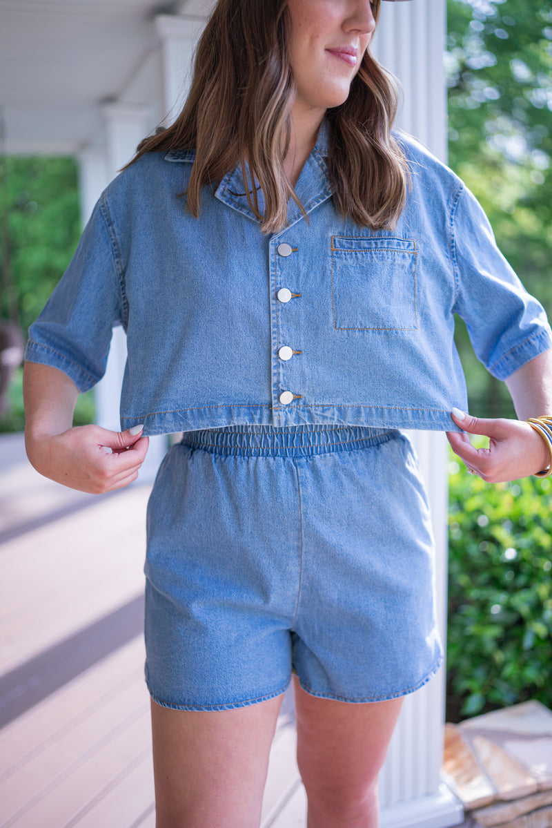 chambray denim elastic waist shorts set