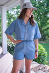 chambray denim elastic waist shorts set