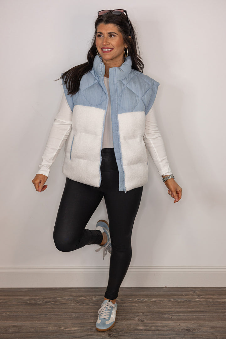 quilted chambray sherpa vest