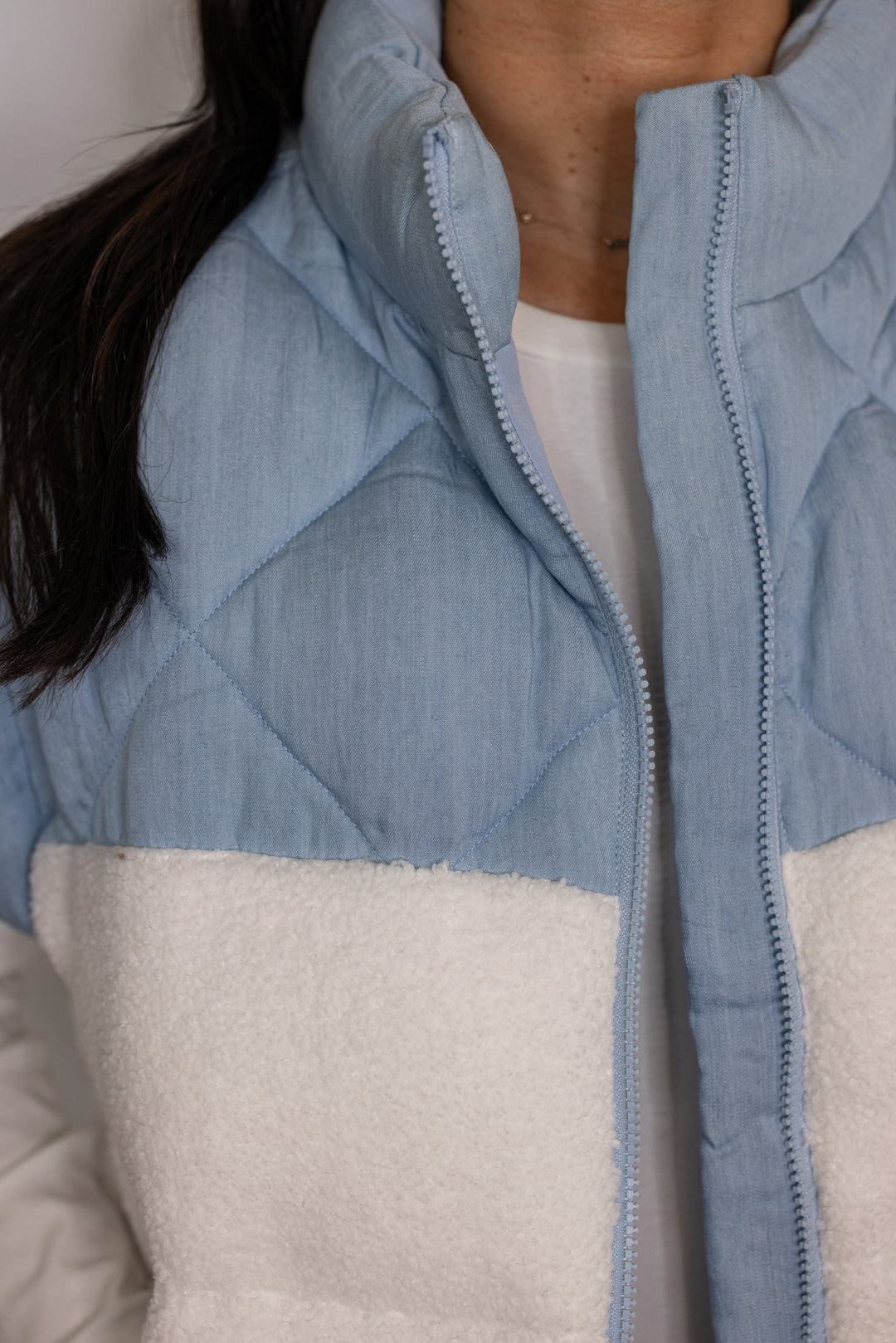 quilted chambray sherpa vest