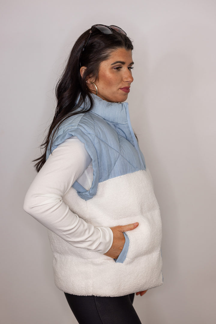 quilted chambray sherpa vest