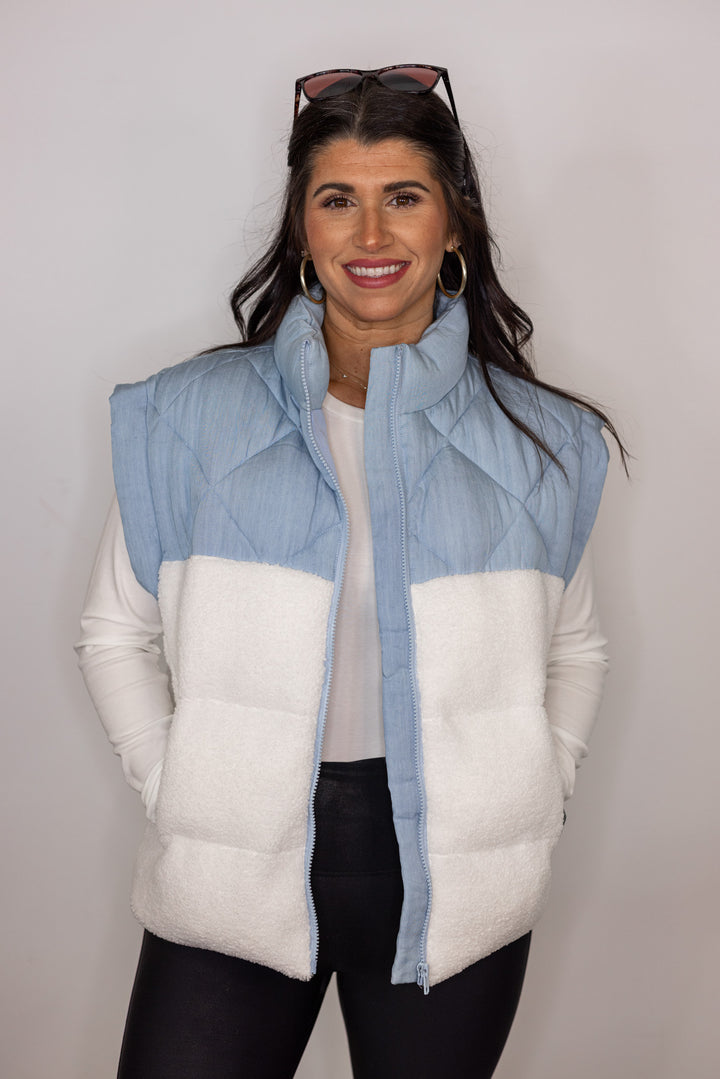 quilted chambray sherpa vest