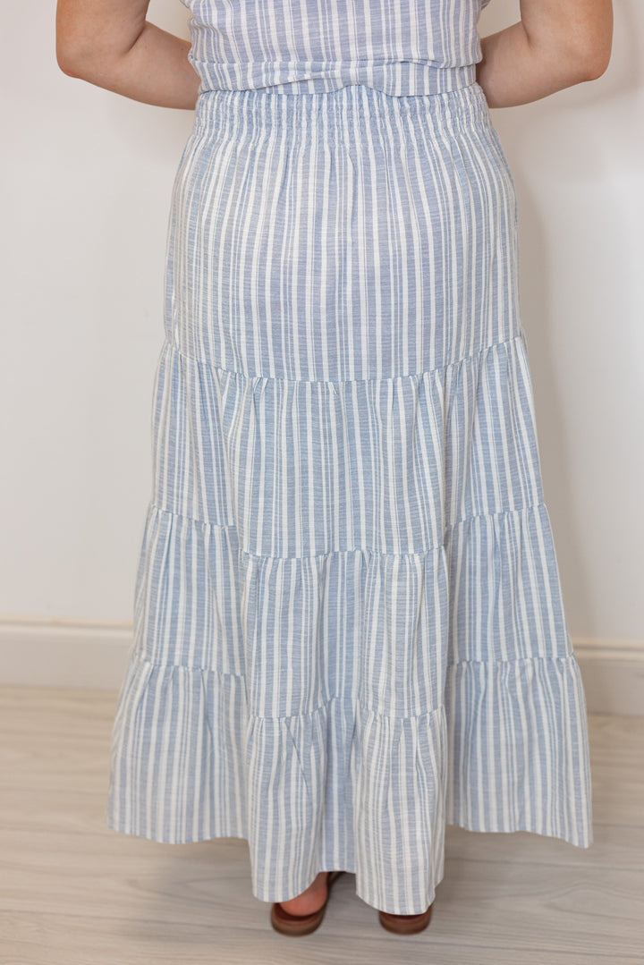 chambray white striped linen skirt top set
