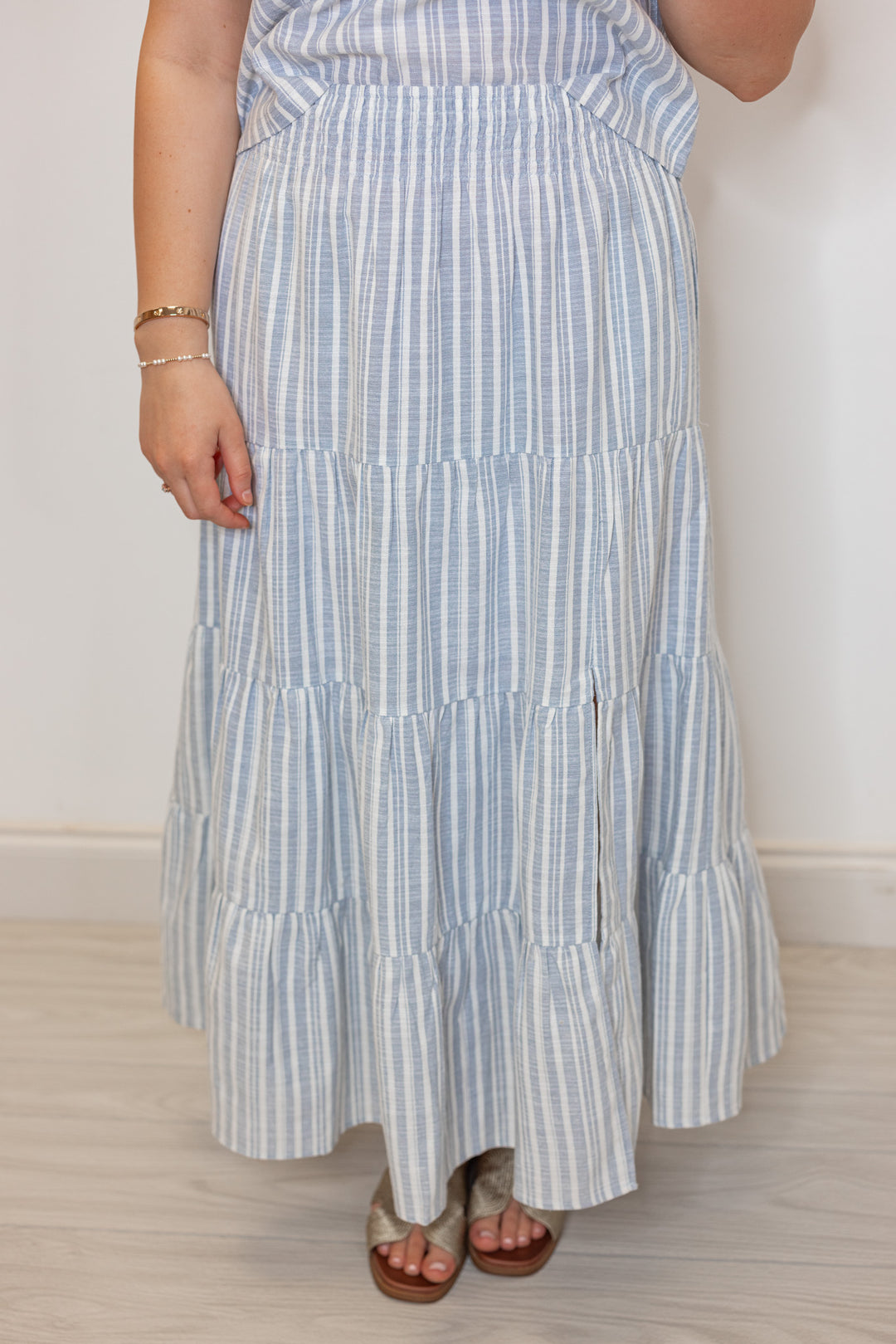 chambray white striped linen skirt top set