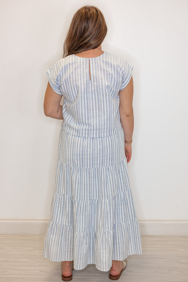 chambray white striped linen skirt top set
