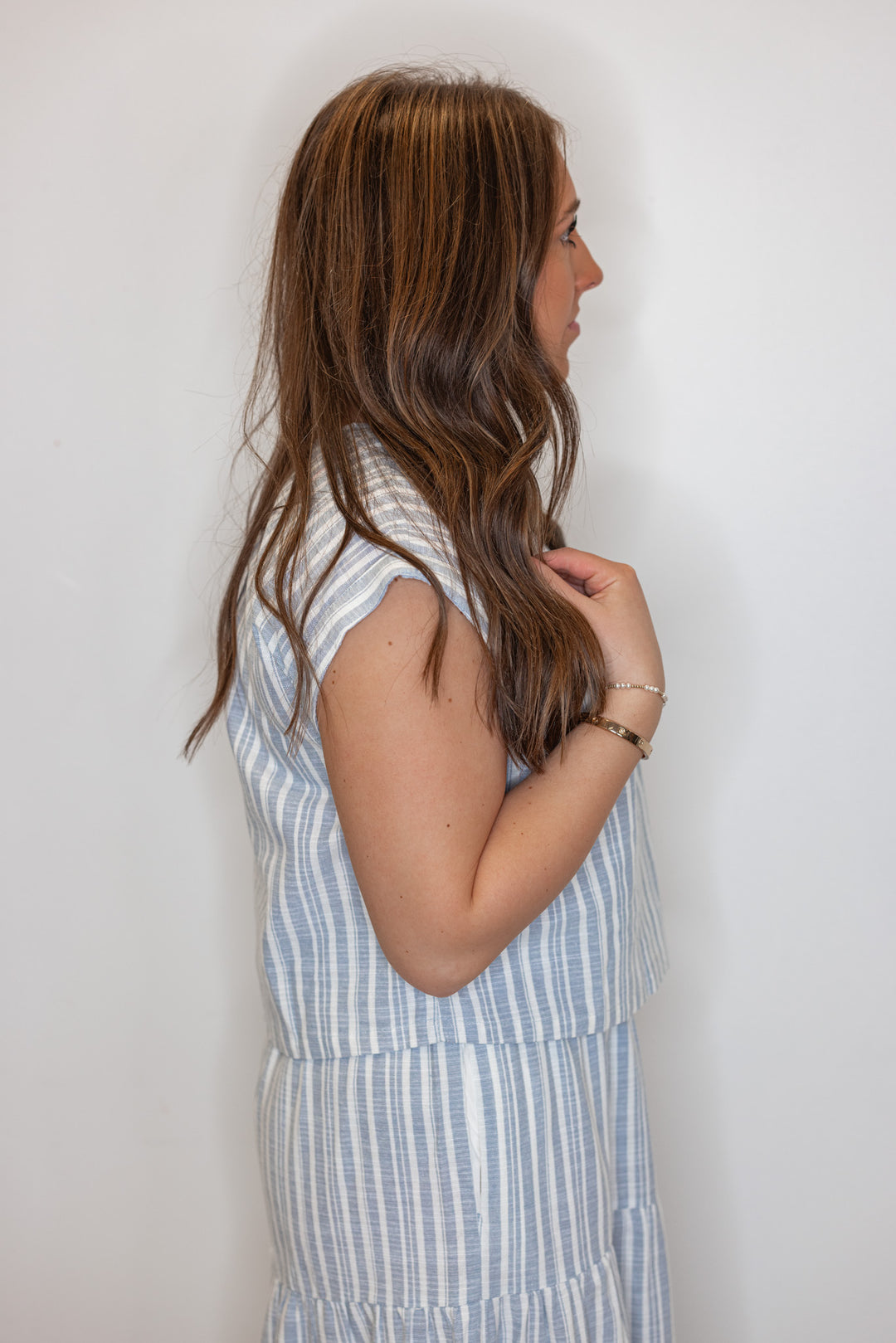 chambray white striped linen skirt top set