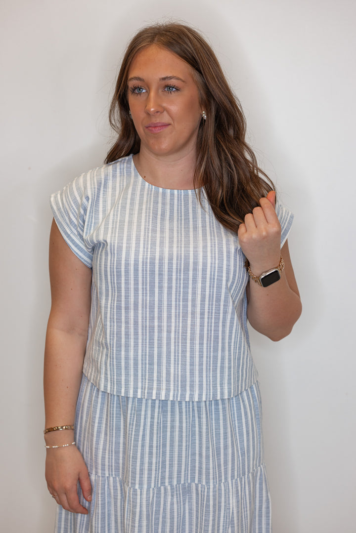 chambray white striped linen skirt top set