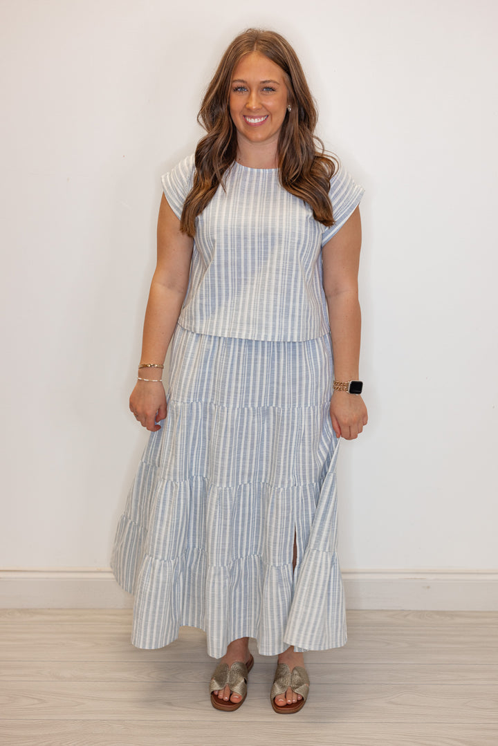 chambray white striped linen skirt top set