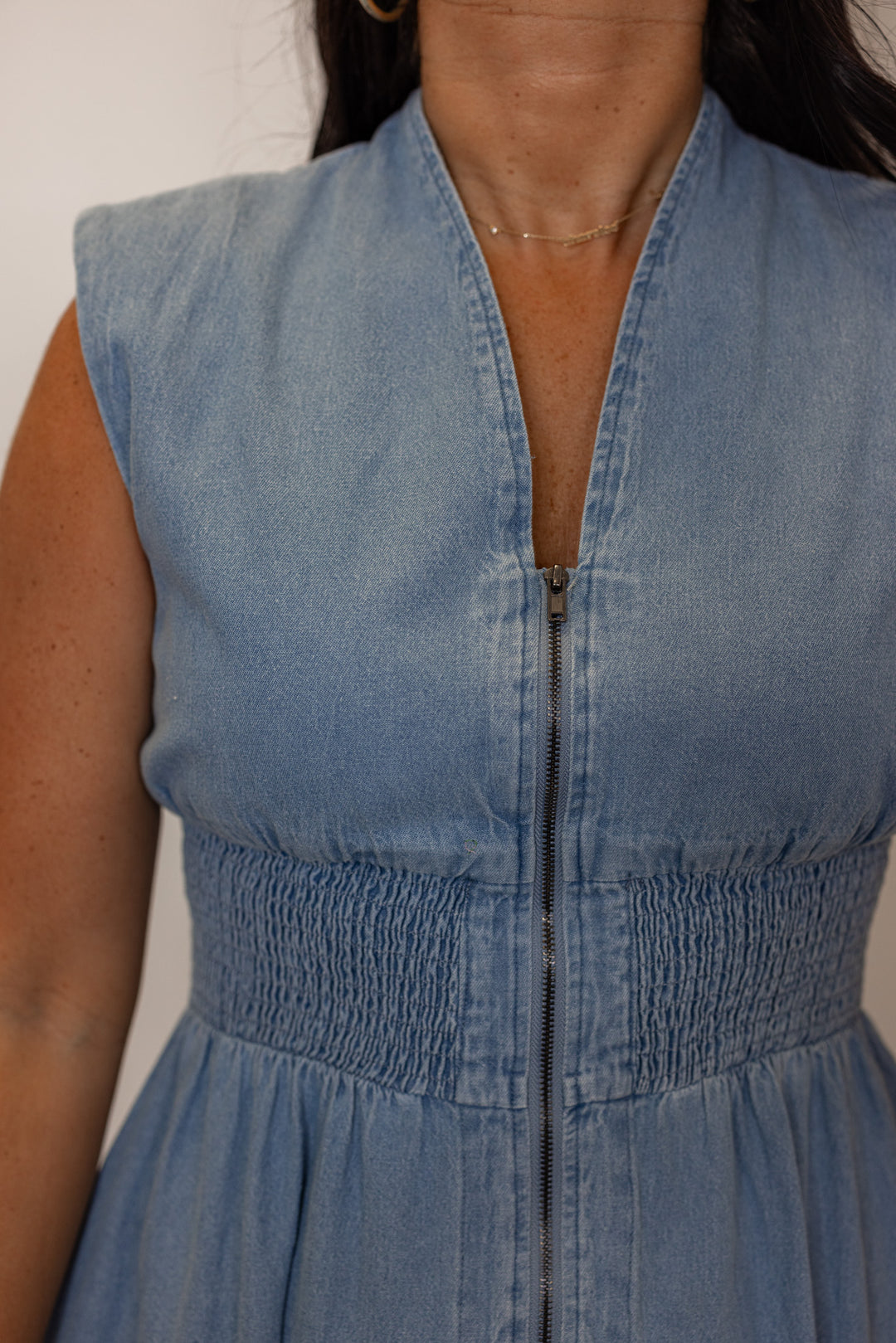 cotton denim cinched waist dress