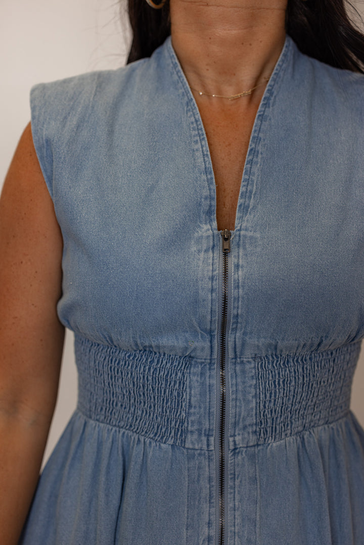 cotton denim cinched waist dress