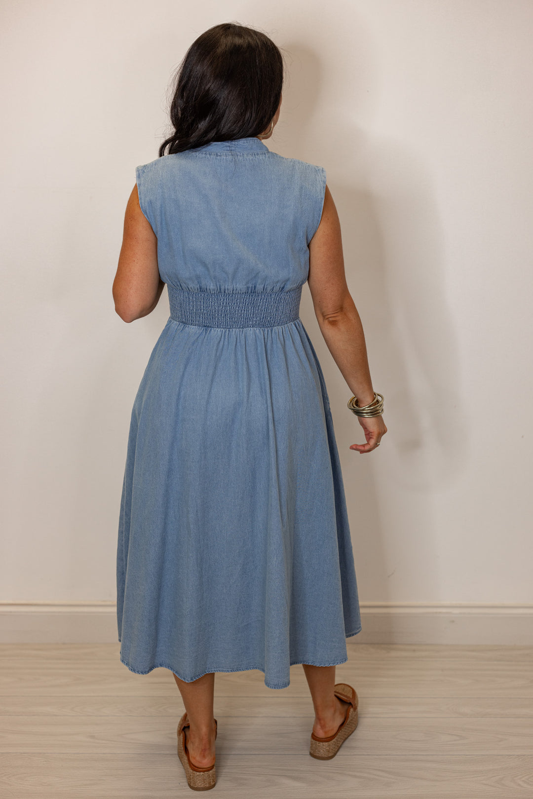 cotton denim cinched waist dress