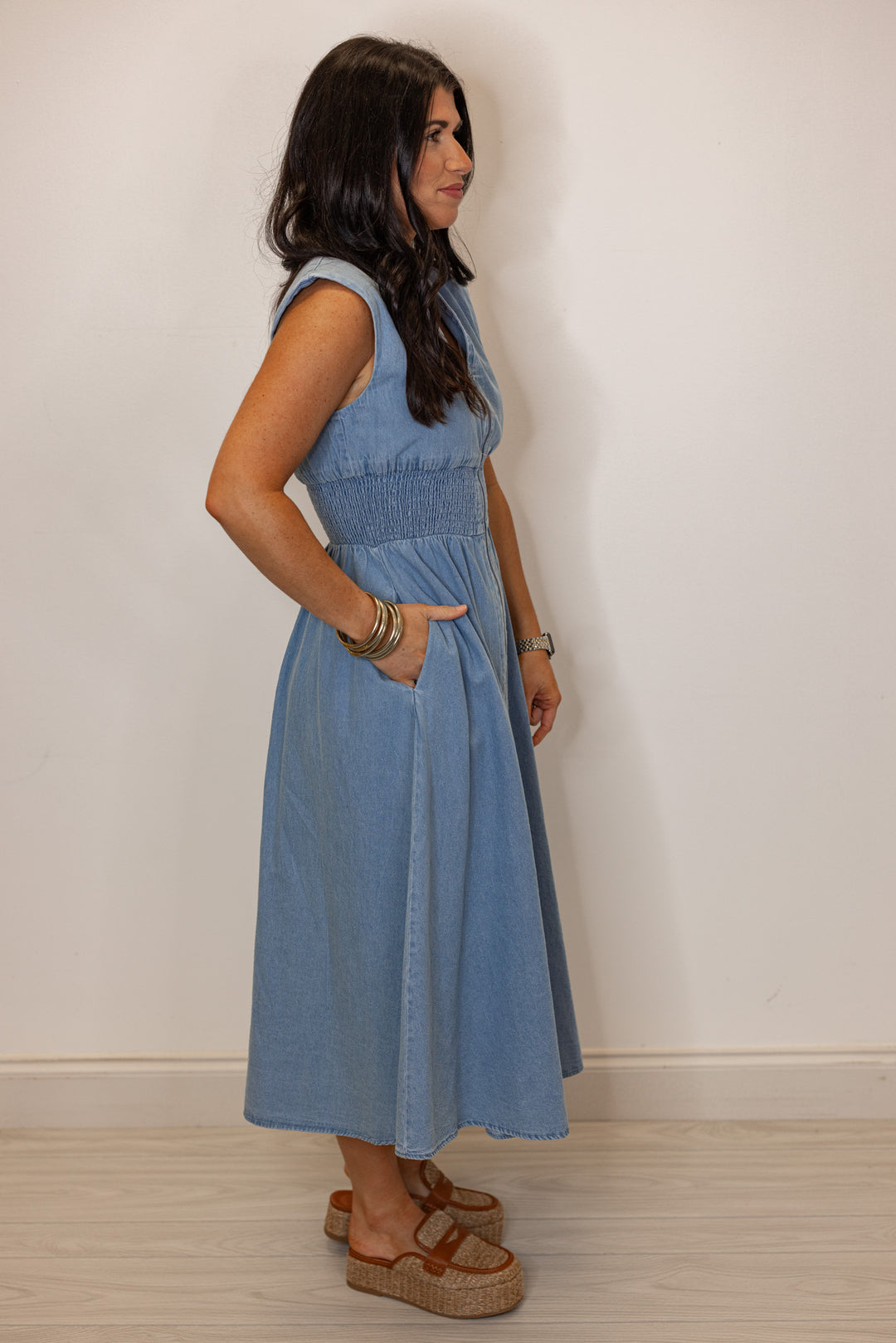 cotton denim cinched waist dress
